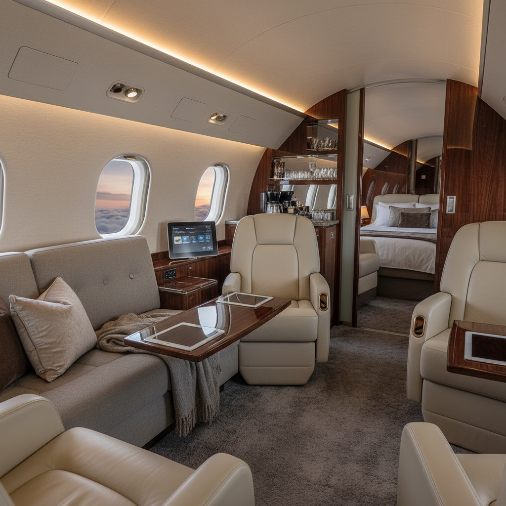 A closeup of spacious and luxurious interior of a private jet showcasing the high-end facilities and privacy that jet charters provide.