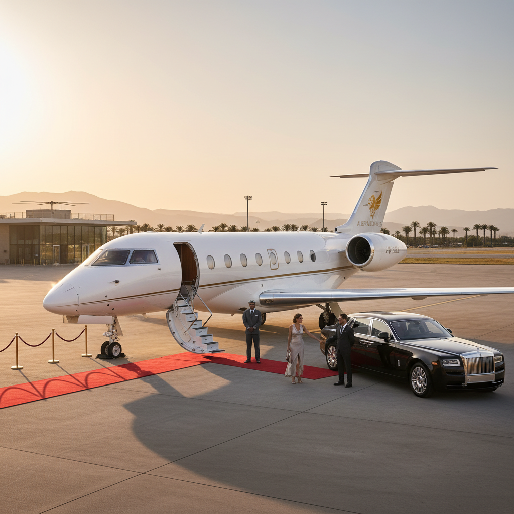 A luxury private jet parked on a runway waiting for its high-class passengers, representing the concept of luxury and exclusivity of a private jet charter