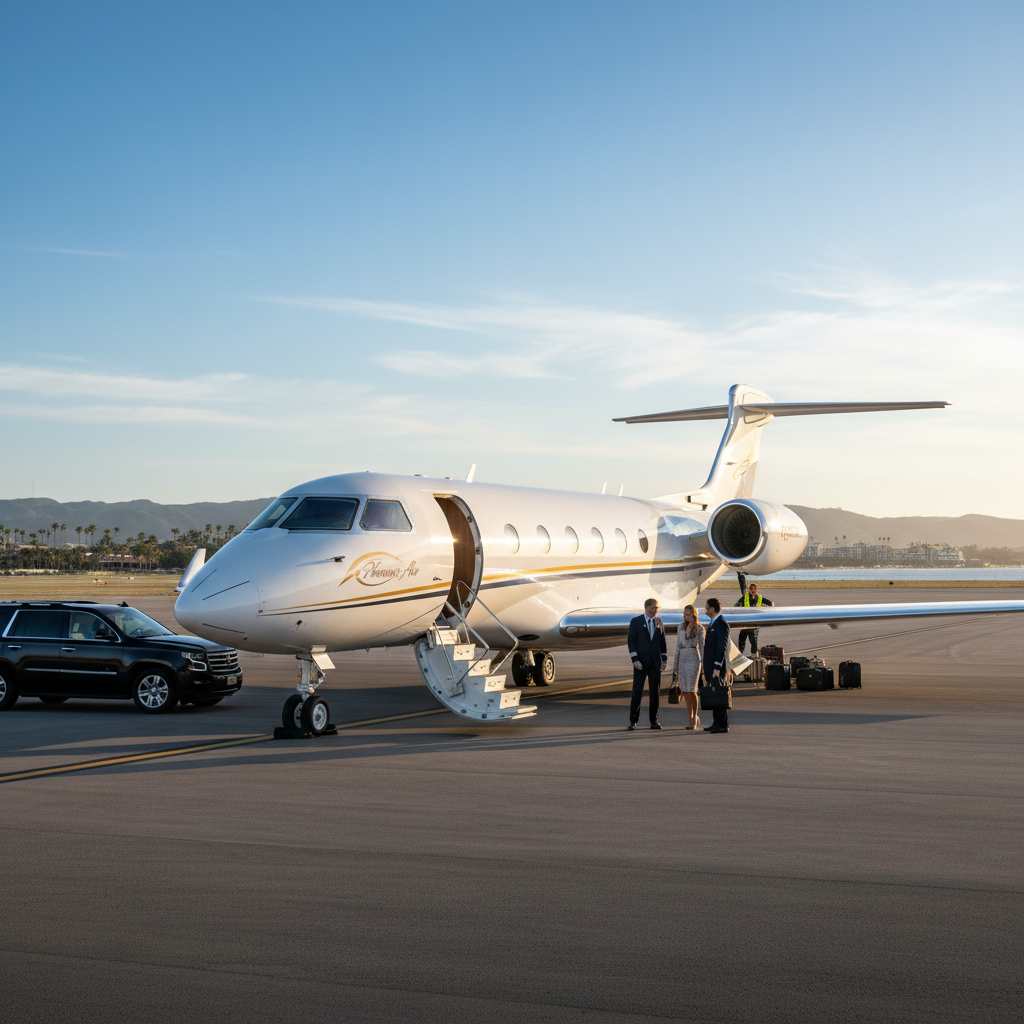 View of a luxury private jet parked on a runway, ready for takeoff