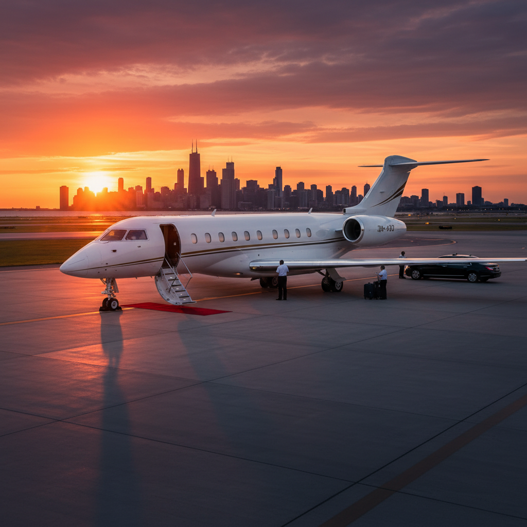 A luxurious private jet waiting on an airport runway during a beautiful Chicago sunset